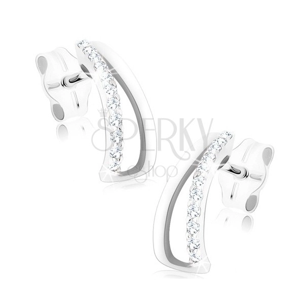 Earrings made of 375 white gold - rounded triangle outline, clear zircons