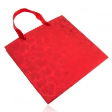 Gift bag, red colour, pattern - hearts, glossy base