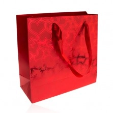 Gift bag, red colour, pattern - hearts, glossy base