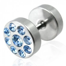 Fake plug in a silver colour with zircons - barbell motif