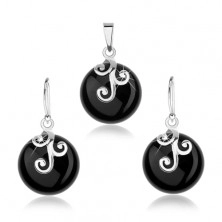 925 silver set, earrings and pendant, black round onyx, ornament