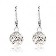 Earrings made of 925 silver, white balls with clear Preciosa crystals, 8 mm