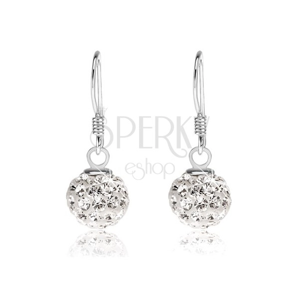 Earrings made of 925 silver, white balls with clear Preciosa crystals, 8 mm