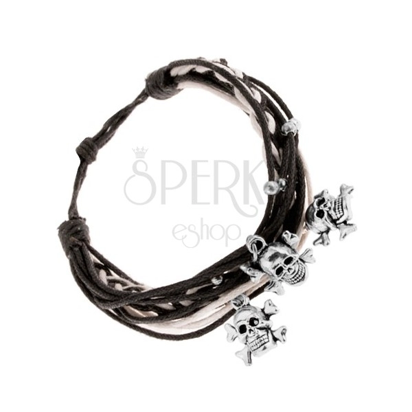 Black and white braided bracelet, steel balls and pendants - skulls with bones