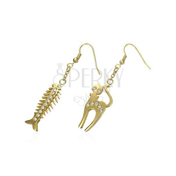 Steel earrings in gold colour - cat and fishbone, clear zircons