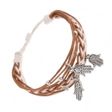 Plaited bracelet, strings in cinnamon and white colour, pendants - hand of Fatima