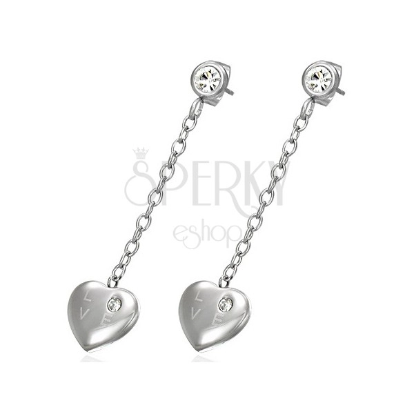 Dangling steel earrings - heart with zircon, inscription LOVE