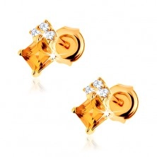 Stud earrings in yellow 14K gold - square-shaped citrine, zircons of clear colour