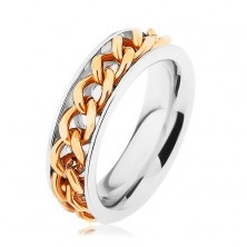 Steel ring, chain in golden hue, mirror-polished sheen