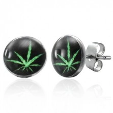 Stud steel earrings, green cannabis on black base