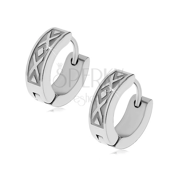 Round earrings made of surgical steel, pattern of intersecting lines