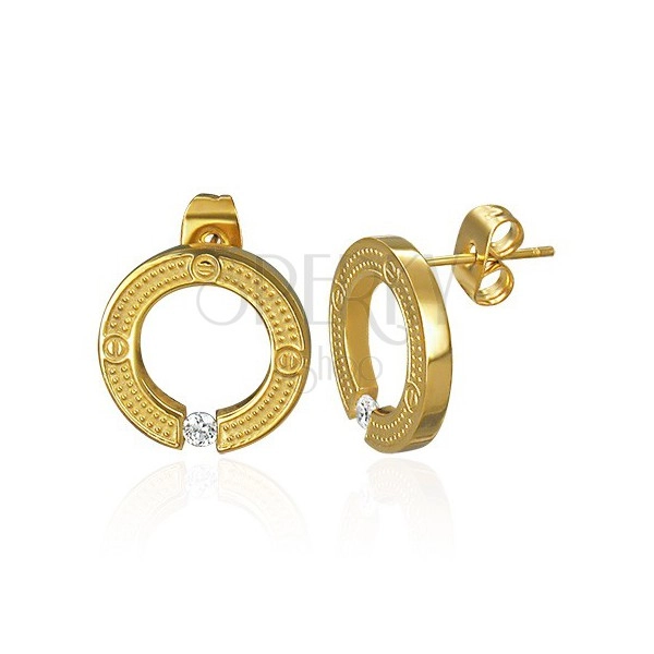 Steel earrings - circle with embedded zircon, studs