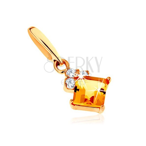 585 gold pendant - square yellow citrine, clear glittering zircons