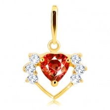 Pendant made of yellow 14K gold - thin outline of heart with zircons, red garnet