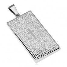 Stainless steel pendant, rectangular tag with prayer and cross