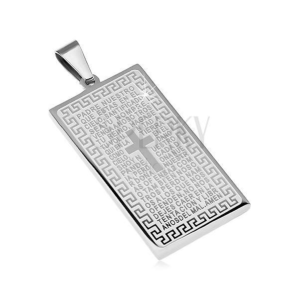 Stainless steel pendant, rectangular tag with prayer and cross