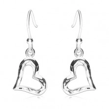 925 silver earrings, convex heart outline, shiny surface with grooves
