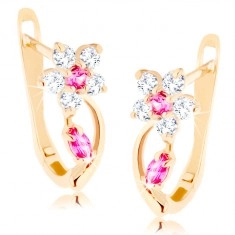 Earrings made of yellow 14K gold - flower composed of clear synthetic zircons and pink synthetic rubies