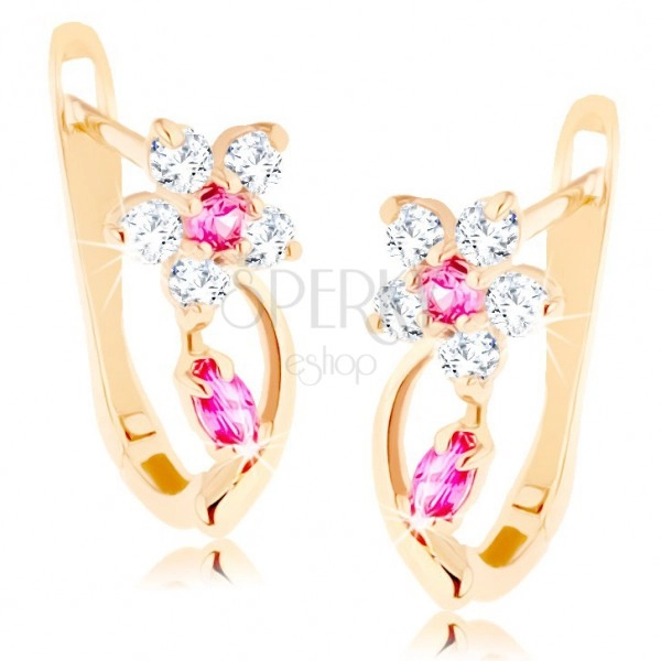 Earrings made of yellow 14K gold - flower composed of clear synthetic zircons and pink synthetic rubies