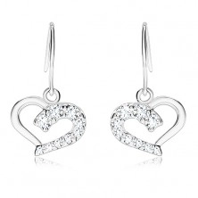 925 silver earrings, heart contour with clear zircon half