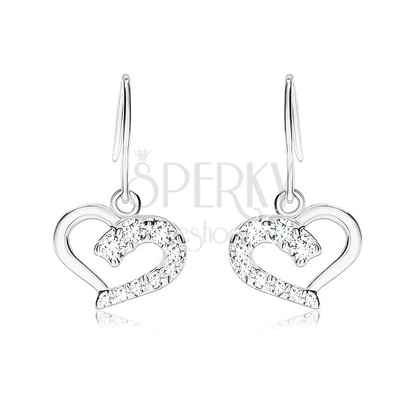 925 silver earrings, heart contour with clear zircon half