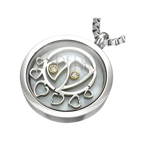Circle steel pendant with hearts and zircons inside