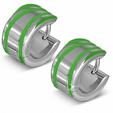 Steel earrings in silver hue, light green stripes, high gloss