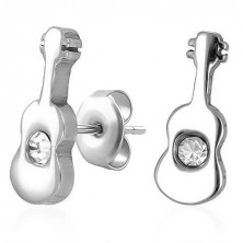 Steel earrings, guitar, mirror-polished sheen, tiny clear zircon, studs