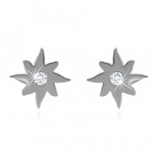Stud earrings, 316L steel, silver hue, sun, clear zircon