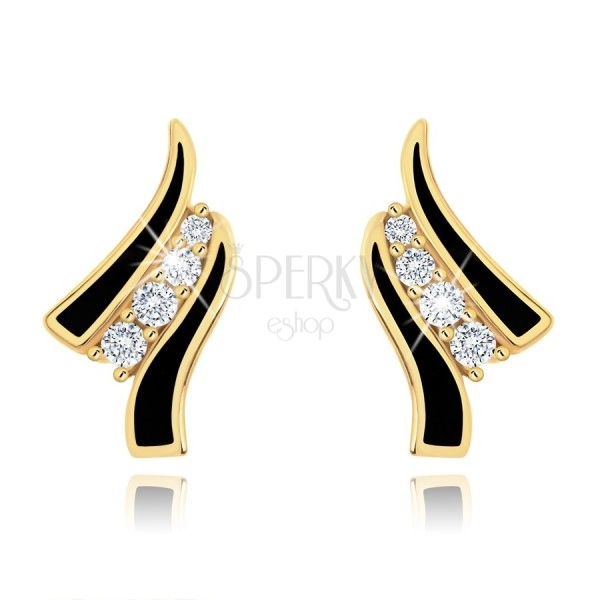 Earrings made of yellow 14K gold - two black waves, line of clear zircons