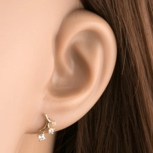 585 gold earrings - sparkly branch, three round zircons in transparent colour