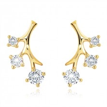585 gold earrings - sparkly branch, three round zircons in transparent colour