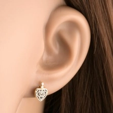 Yellow 14K gold earrings - symmetrical heart with black glaze, rose, zircons