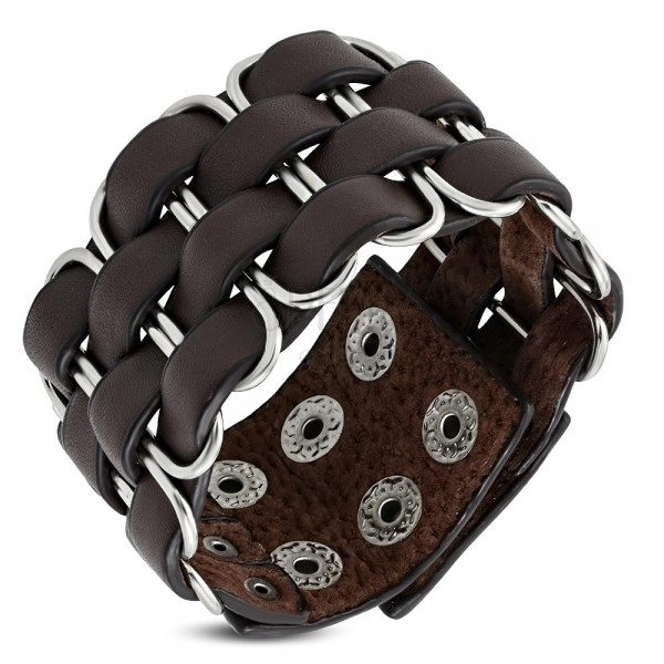 Brown leather bracelet - oblong rings intertwined with four stripes