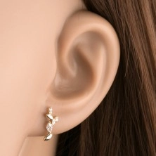 Earrings made of yellow 14K gold - glittering branch, smooth and zircon leaves