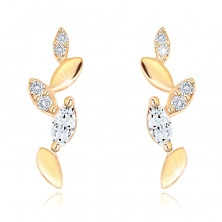 Earrings made of yellow 14K gold - glittering branch, smooth and zircon leaves
