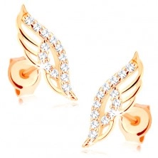 Earrings in yellow 14K gold - shimmering angel wing embellished with clear zircons