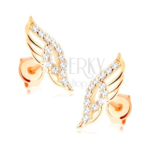 Earrings in yellow 14K gold - shimmering angel wing embellished with clear zircons