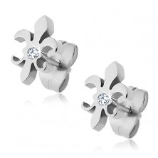 Steel earrings, stud fastening, Royal lily motif, high gloss
