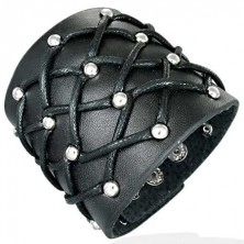 Black leather bracelet with grid, small balls of silver colour