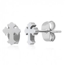 Stud earrings made of steel, silver hue, mirror-polished trefoil cross