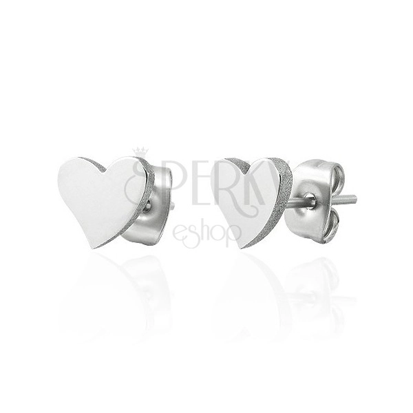 Steel earrings, silver colour, shiny heart, stud fastening