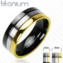 Titanium ring with onyx, silver and golden stripe