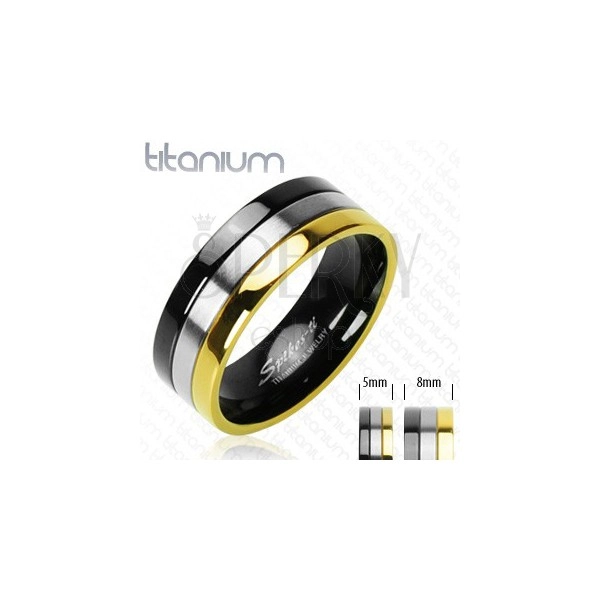 Titanium ring with onyx, silver and golden stripe
