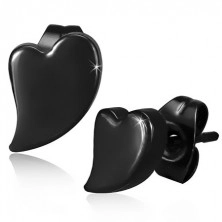 Stud steel earrings, asymmetrical heart in black, high gloss