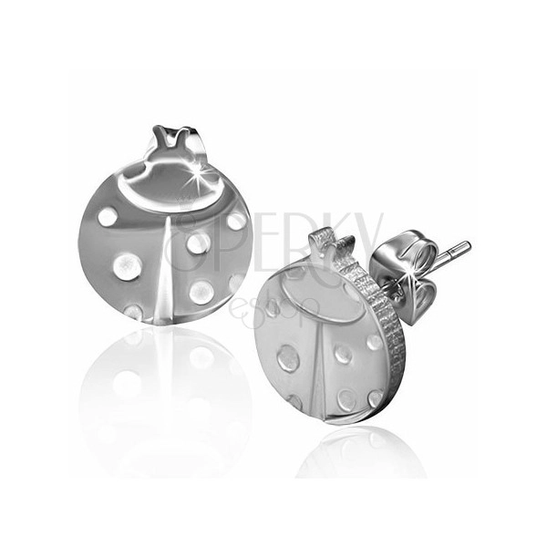 Stud earrings, 316L steel, silver hue, ladybird with dots