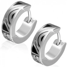 Hinged snap steel earrings in silver tone, shiny arcs, black enamel