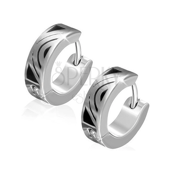 Hinged snap steel earrings in silver tone, shiny arcs, black enamel