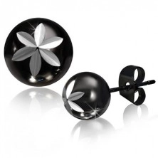 Steel stud earrings, black bead, engraved flower