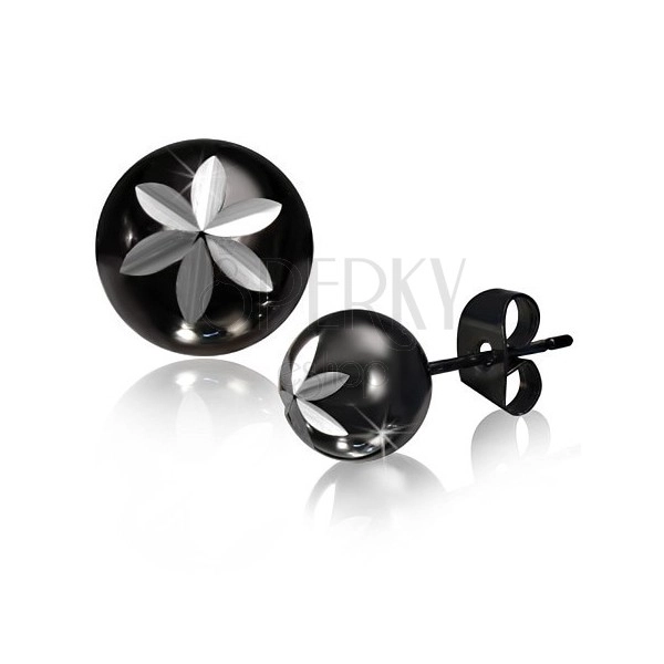 Steel stud earrings, black bead, engraved flower
